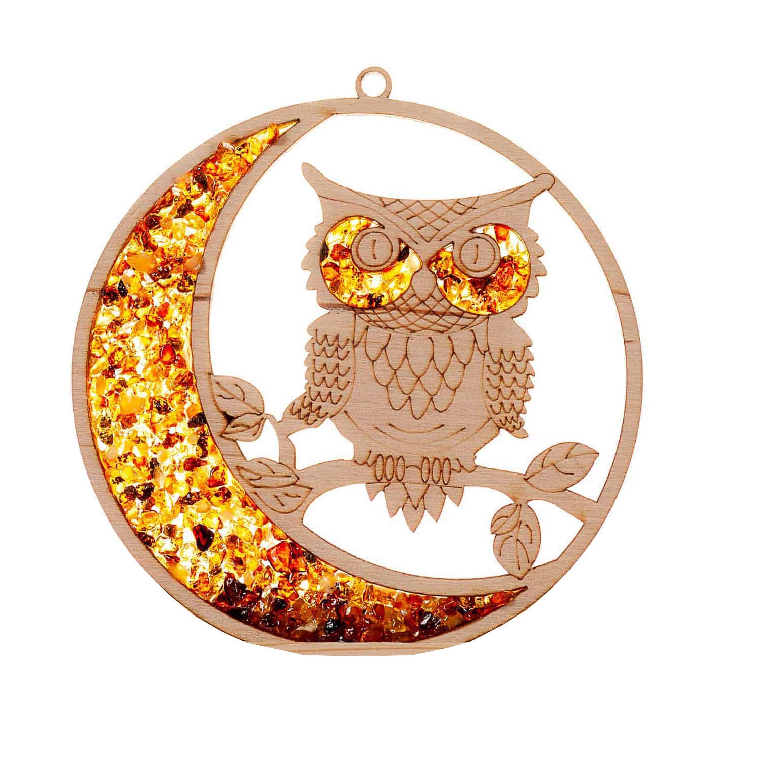 Raduly Suncatcher Irregular Wood Owl & Moon Decoration, Amber Filled, 11 inches, Birthday Gift, 1 Count, Gift Box Included