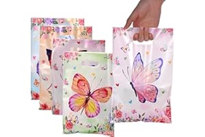 HAPPFESTIV 50 Pcs Butterfly Party Favor Bags with Handles (4 Designs) - Plastic Treat Bags for Candy & Small Gifts, Bulk Supplies for Wedding Baby Shower Goodie Bags, Holiday Gift Bags for Thanksgiving, Halloween, Christmas, New Years, Birthday Party Decorations