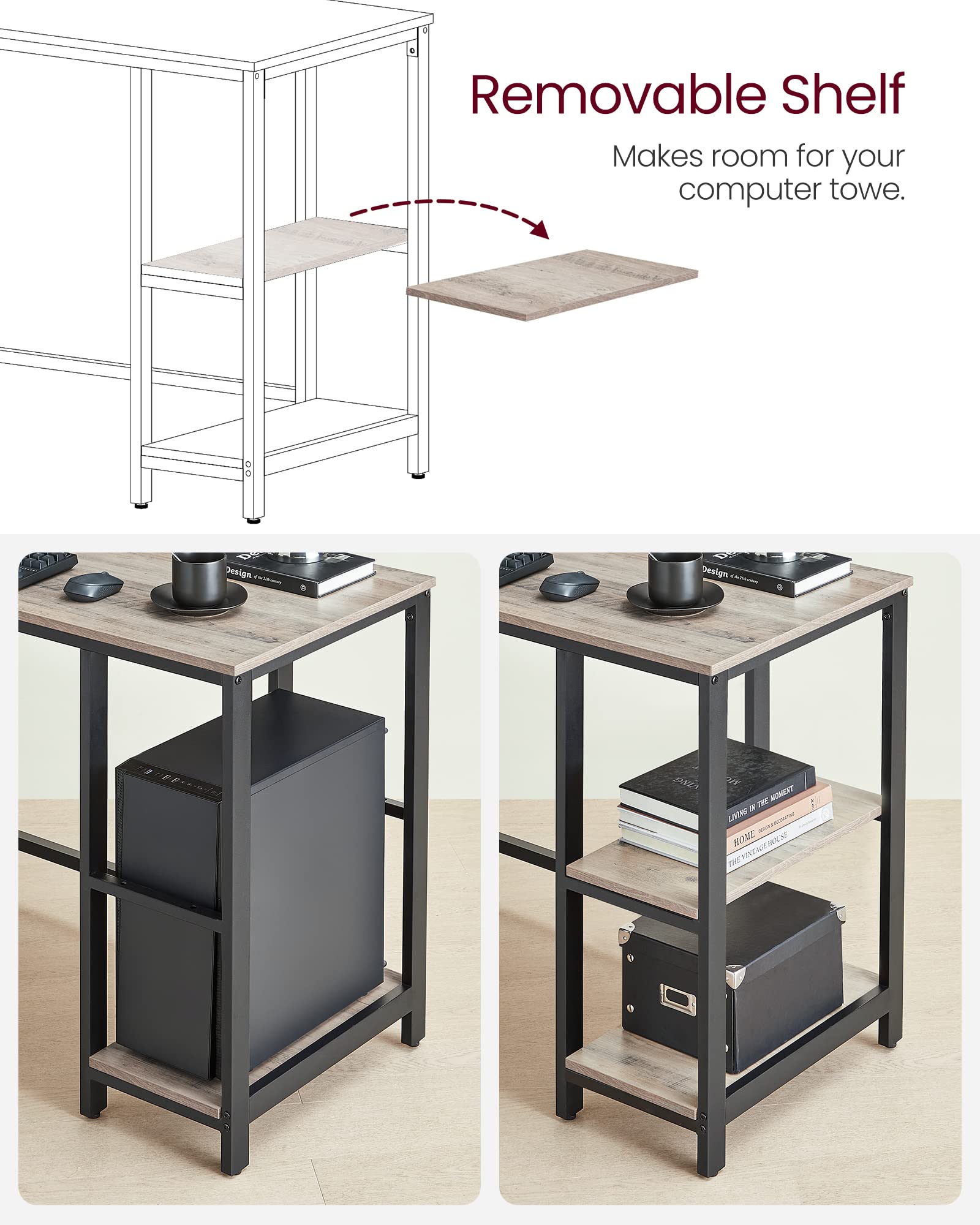 VASAGLE L-Shaped Computer Desk, Corner Desk, Office Study Workstation with Shelves for Home Office, Space-Saving, Easy to Assemble, Industrial, Greige and Black ULWD72MB