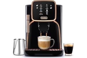 Zulay Kitchen Magia Clasica - Fully Automatic Espresso Machine With Grinder - Touch Screen Coffee Maker With One-Touch Operation - Milk Foam System For Latte, Cappuccino, Macchiato - Black Copper
