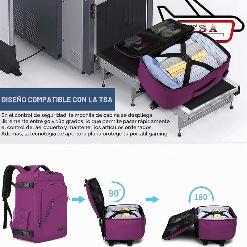 Mochila de Viagem Cabine Avião 40x20x25 para Mochilas Ryanair Mala Mochila de Viagem Ryanair Mochila de Mão Mochila de Mão Mochila Portátil Portátil com Porta USB para Trabalho, Escolas, Roxo