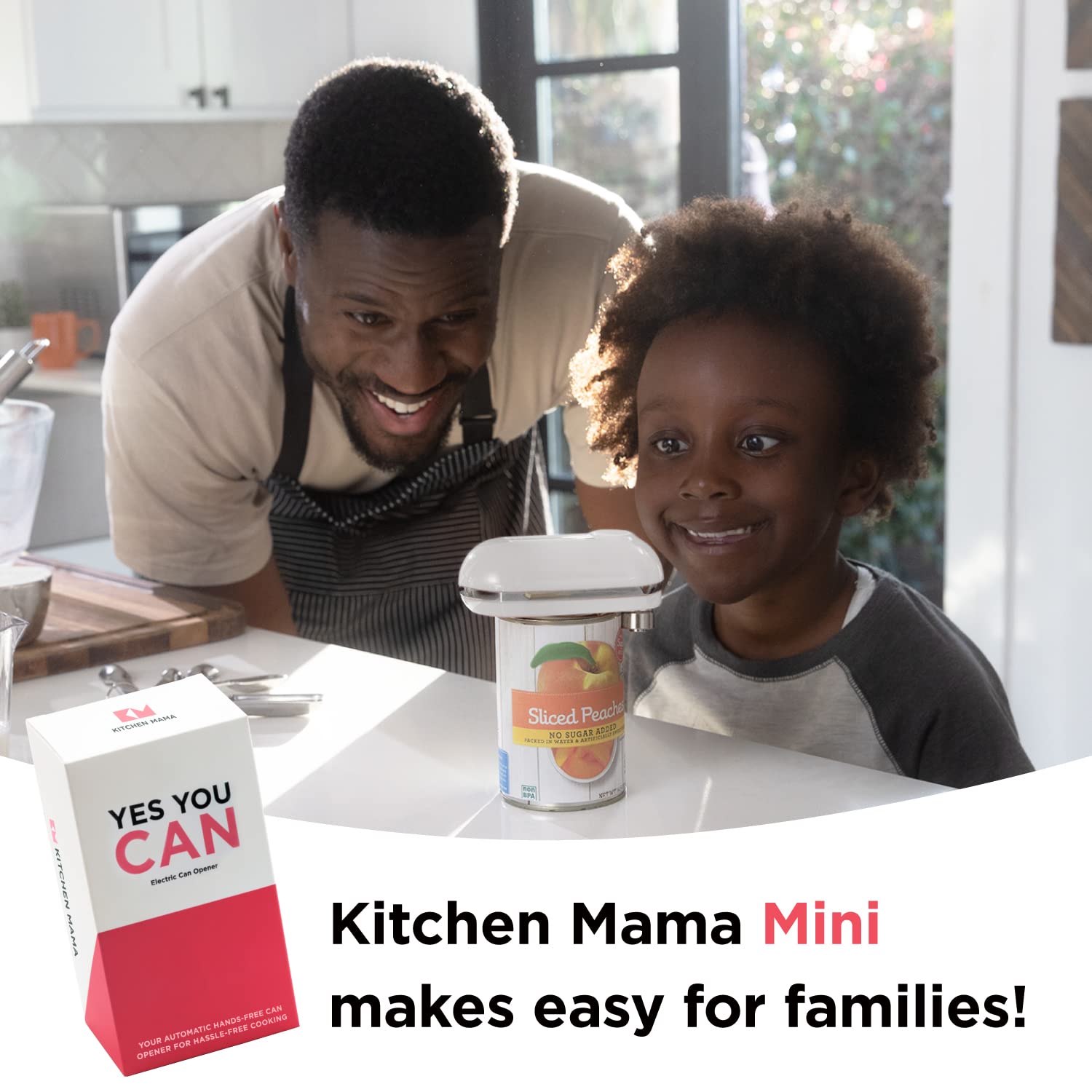 Kitchen Mama Mini Electric Can Opener Smooth Edge: Push Button Open Can - Ultra Compact, Space-Saving, Portable, Hands-Free, Food Safe, Battery Operated (White)