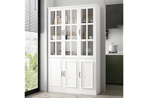 AIEGLE Kitchen Pantry Storage Cabinet with 3 Glass Doors, Freestanding Kitchen Pantry Cupboard, Utility Pantry Cabinet for Dining Room, Living Room, White (47.2”W x 15.7”D x 78.7”H)