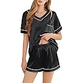 SHEFOTY Silk Pajamas for Women Short Sleeve Satin 2 Piece Pj Set Soft V Neck Sleepwear Loungewear, S-XXL