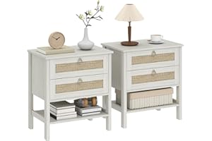 HOMCOM Rattan Nightstands Set of 2, Boho Bedside Tables with 2 Drawers and Storage Shelf, End Side Tables for Bedroom, White 