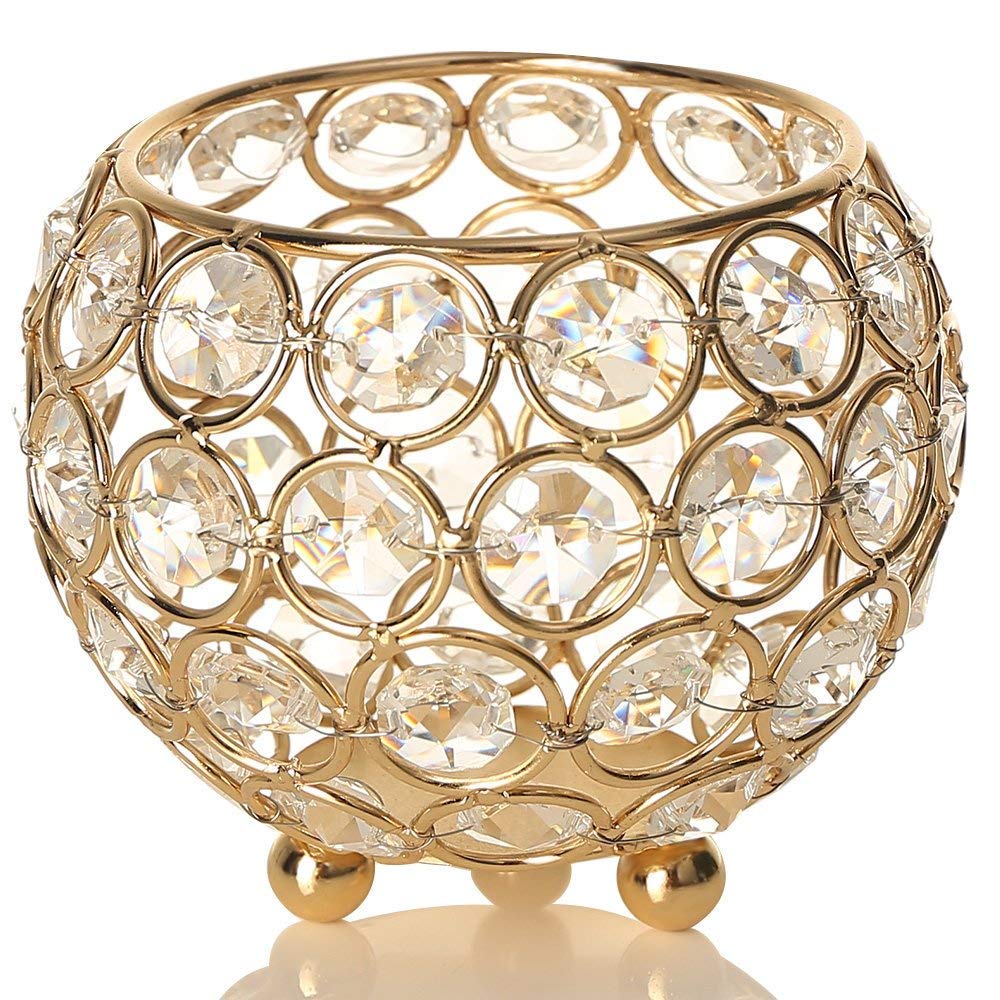 VINCIGANT Gold Crystal Bowl Tea Light Candle Holders for Wedding Coffee Office Table Decorative Centerpieces