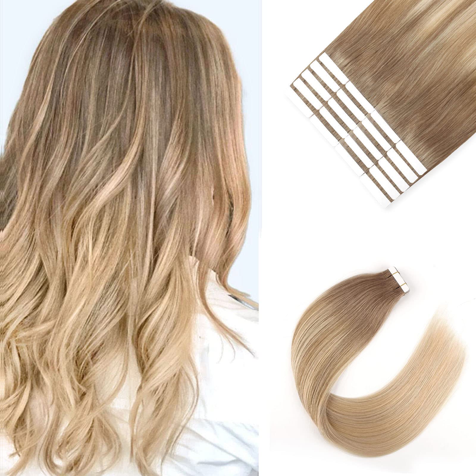 Sixstarhair Tape in Hair Extensions Balayage Hair Made Of 100 Human Hair Balayage Tape In Extensions Ombre Ash Brown Fading to Dirty Blonde Highlight Ash blonde [B8-18-60 18inch]