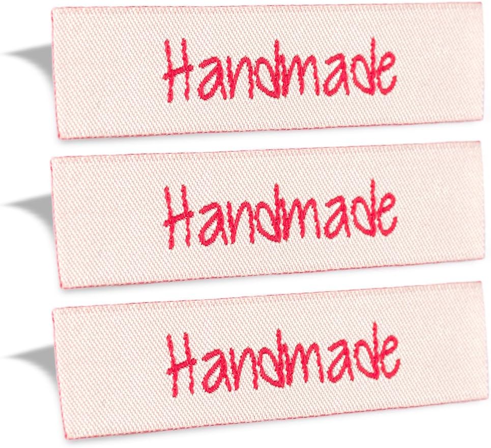 Wunderlabel Handmade Crafting Craft Art Fashion Woven Ribbon Ribbons Tag for Clothing Sewing Sew on Clothes Garment Fabric Material Embroidered Label Labels Tags, Red on Off White, 25 Labels