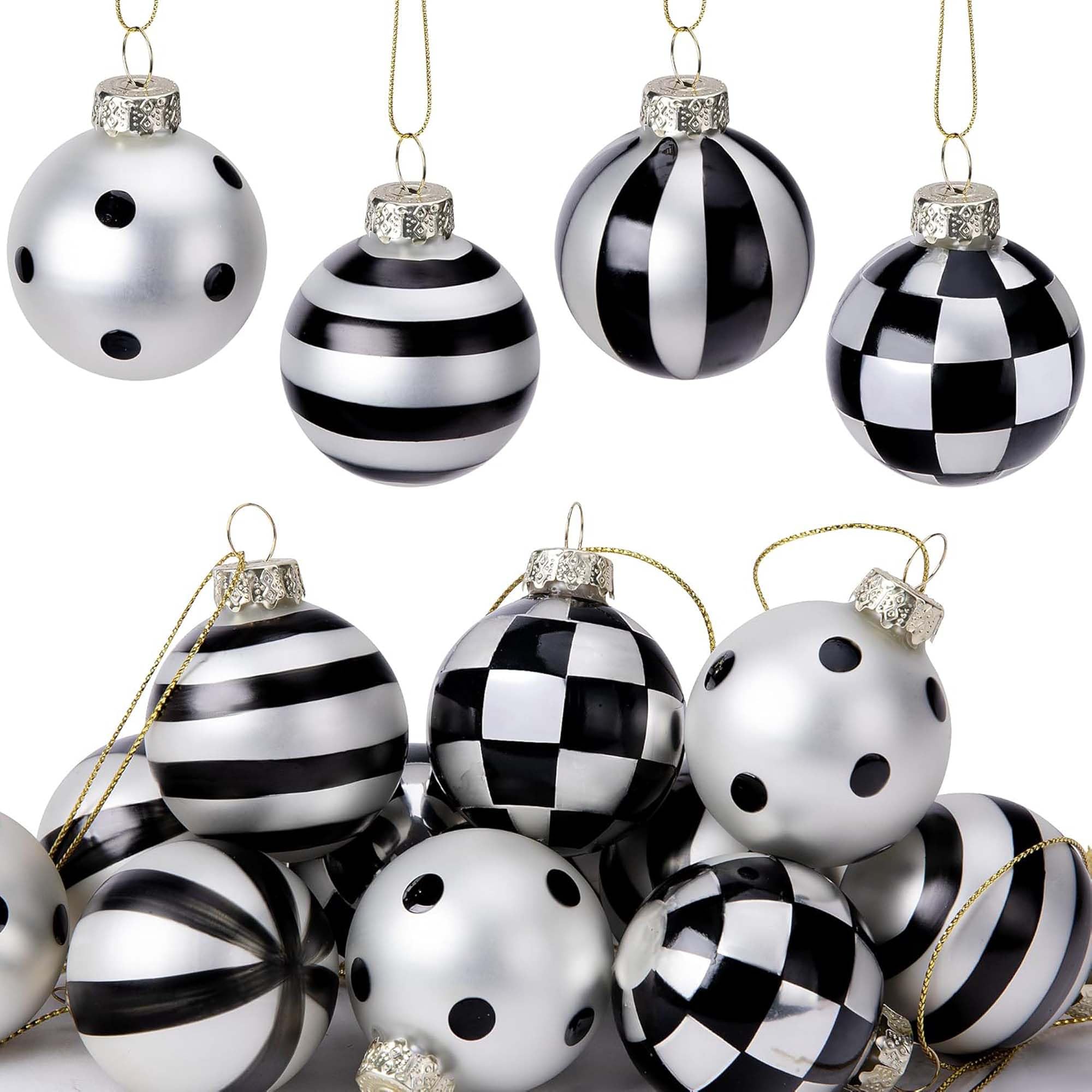 Photo 1 of 12 Pcs Black and White Christmas Balls Ornaments- 1.6" Glass Buffalo Plaid Stripe Dots Hanging Balls- Black White Checkered Ball Tree Decoration for Christmas Halloween Party Home Decor