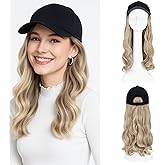 SEGO Hat Wig, Hat with Hair Attached for Women Black Baseball Cap with Hair Extensions, Long Wavy Baseball Cap Wig Adjustable Hats for Daily Party 16 Inch #16P613 Ash Blonde Mix Bleach Blonde