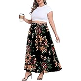 Lastshe Plus Size Maxi Skirt for Women Casual Elastic High Waist Boho Flowy A-line Spring Long Skirts with Pockets