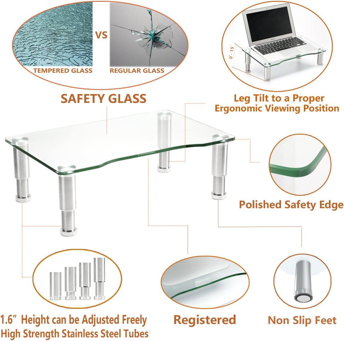 Hemudu Clear Tempered Glass Computer Monitor Riser with Height Adjustable Multi Media Desktop Stand for Flat Screen LCD LED TV Laptop/Notebook/Xbox One,HD01T-002P - Image 3