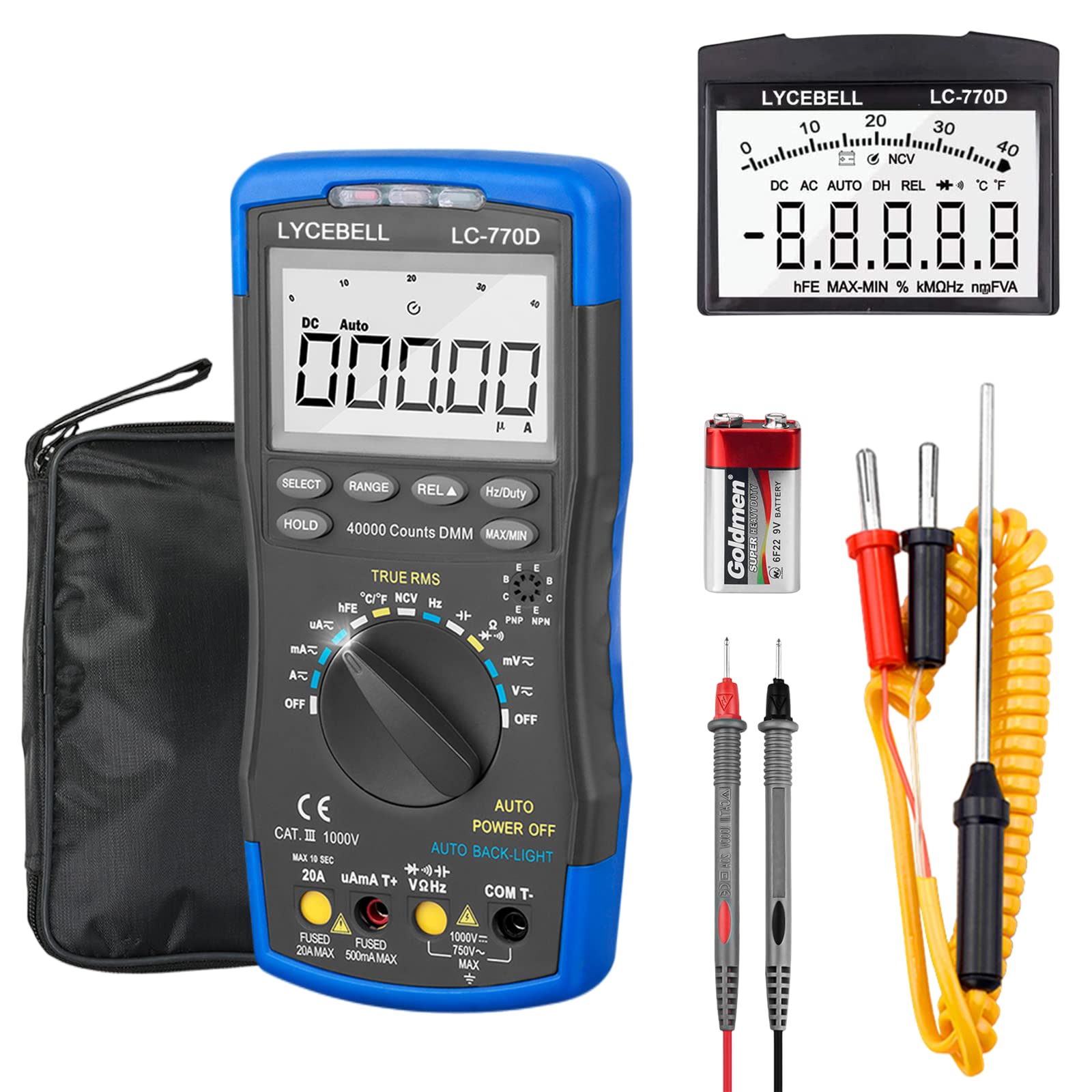 LYCEBELL Digital Multimeter 770D, TRMS 40000 Counts AC DC Voltmeter Ammeter for Measuring NCV Voltage Current Resistance Capacitance Frequency hFE Temperature Diodes Continuity, with Test Leads