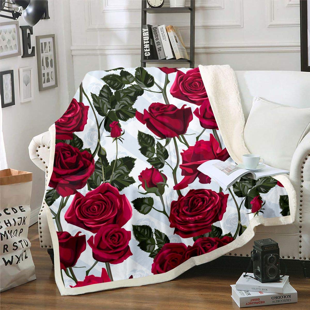 Loussiesd 3D Rose Fleece Blanket for Sofa Bed Rose Floral Print Plush Blanket Women Romantic Flowers Pattern Sherpa Throw Blanket Garden Fuzzy Blanket Double 60"x79"
