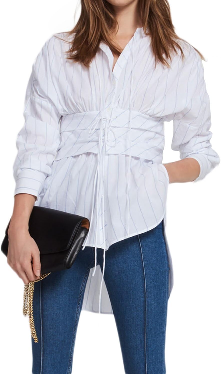 HaoDuoYi Womens Striped Tunic High Low Single Button Asymmetrical Casual Blouse