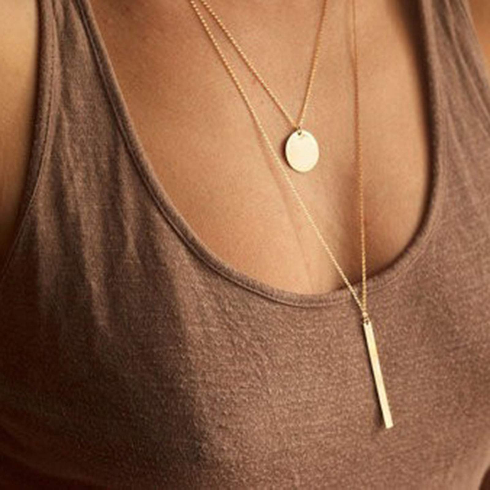 TseenYi Long Bar Pendant Necklace Layered Gold Coin Disc Necklace Chain Vintage Neckkace Jewelry for Women and Girls