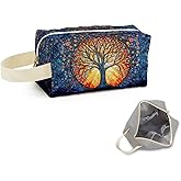 SuoSycorax Stained Glass World Tree Printed Quilted Makeup Pouch for Women - Velvety Polyester Cosmetic Organizer w/Triple Compartments, Travel & Makeup Brush Holder