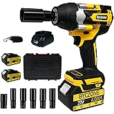 byczone 1000N.m(740Ft-lbs) Cordless Impact Wrench, 1/2 Inch High Torque Brushless 21V Impact Gun w/ 2 x 4.0Ah Battery & Fast Charger & 6 Sockets, Pistola De Impacto for Home Car Tires Truck Mower