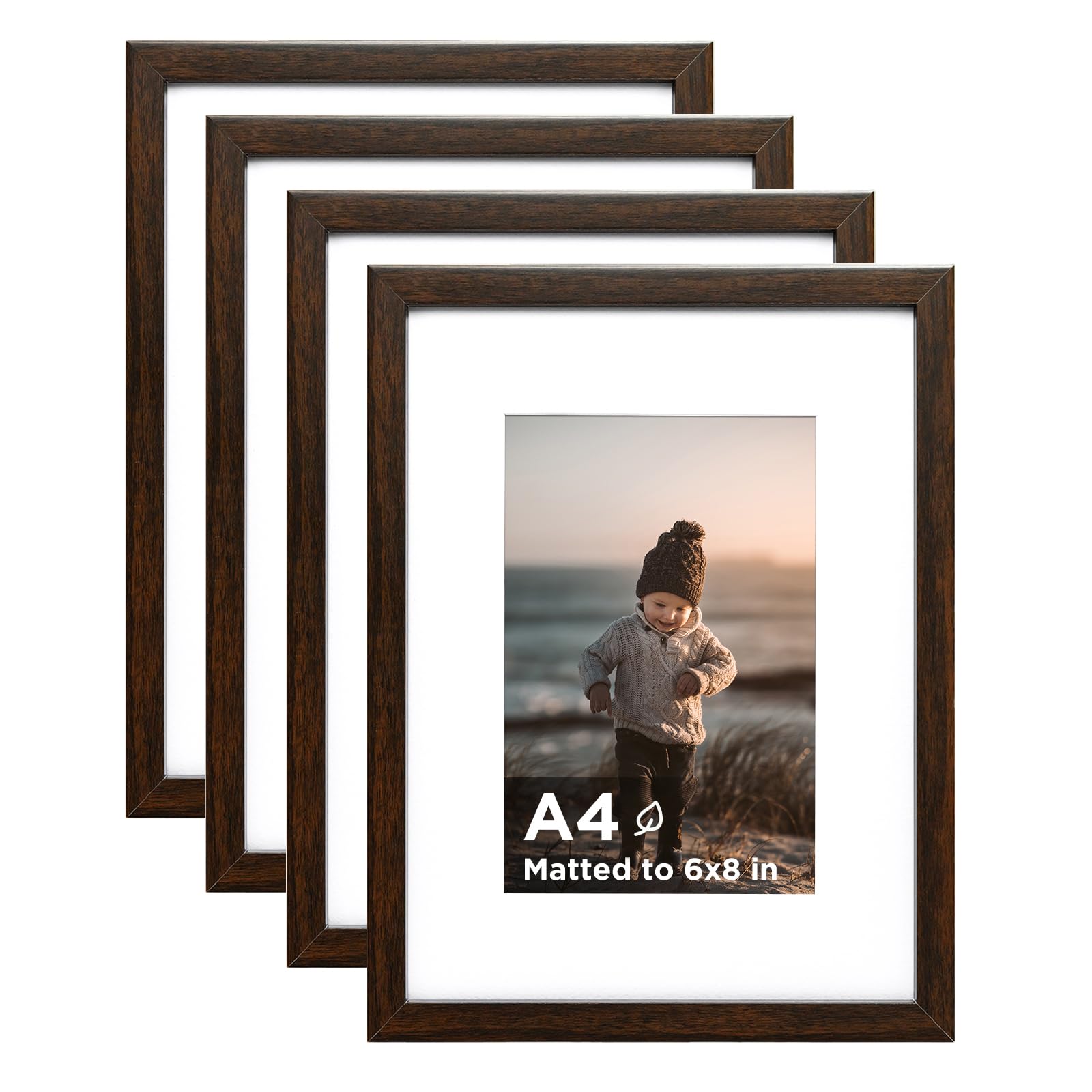 Photo 1 of KINLINK A4 Frame Set of 4, Wooden 8.3 x 11.7 Frame with Plexiglass for A5 Picture with Mat or A4 Without Mat, for Wall and Tabletop Display Diploma Certificate Degree, a4 Picture Frames Brown