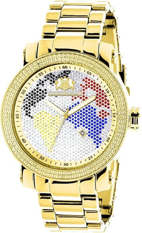 LUXURMAN World Map Mens Diamond Watch 0.12ct Yellow Gold Plated