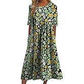 domirica Floral Long Dress for Maternity Women Comfy Floral Printed Ankle Length Short Sleeve Summer Dresses with Pockets