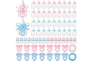 FUMETE 162 Pcs Gender Reveal Baby Shower Favors 48 Mini Milk Bottles Plastic Baby Candy Bottle 48 Mini Pacifiers Tiny Plastic Pacifiers 64 Pcs It's a Boy Girl Gender Reveal Stickers 2 Roll Ribbon