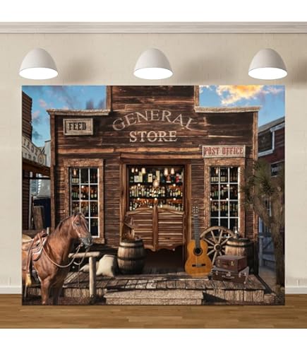 BELECO 20x10ft Fabric Western General Store Photography Backdrop Old Western Town Post Office Barrel Wagon Wheel Background For Cowboy Theme Party Decorations Kids Boys Adults Photo Shoot Studio Props - View #4