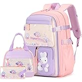 Tecoloy Kawaii Cute Bunny Backpack for Kids - 3-Pack, Includes Lunch Box & Pencil Case, Perfect for Girls Kindergarten to Middle School, Pink