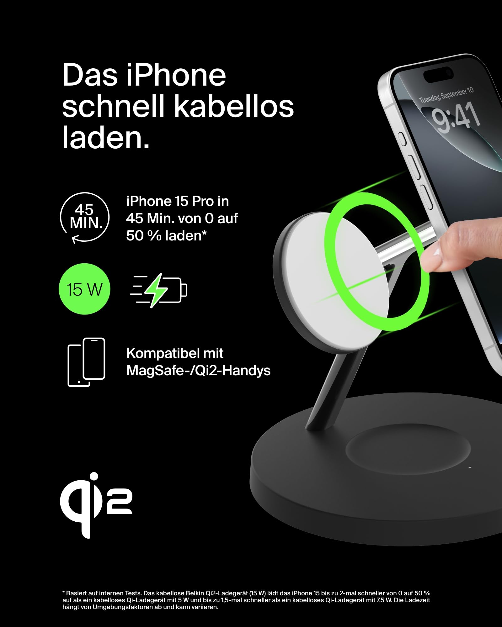 Belkin BoostCharge Pro 3-in-1 Qi2 Kabelloses Ladegerät, MagSafe-Kompatibles Ladegerät, Induktive Ladestation für die Apple iPhone 17, Air, 16, Pixelsnap, Apple Watch, AirPods, inkl. Netzteil – Schwarz 3