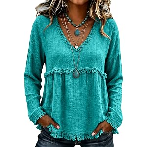 Women's Long Sleeve Tops Lightweight Raw Trim Tassel Casual Frayed V Neck T Shirts Summer Loose Fit Boho Fringe Tops
