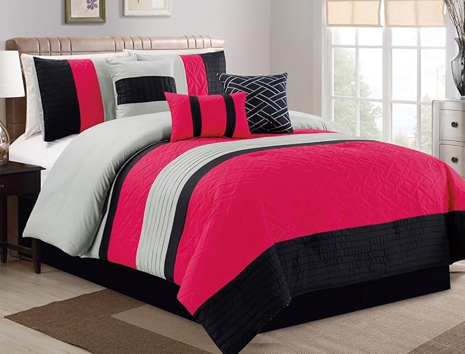 Amazon.com: Modern 7 Piece Bedding Pink, Black, Grey Pin Tuck QUEEN
