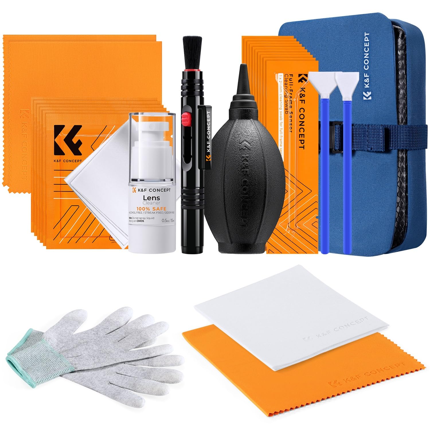 K&F CONCEPT 23-in-1 Camera Lens Cleaning Kit for DSLR Camera Lens Filter Cell Phones with Air Blowing, Cleaning Swab 16mm 24mm, Cleaning Cloths Liquid, Lens Pen, Anti-static Gloves, Carry case — image 1