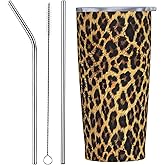 sagacitrix Leopard Print Tumbler with Lid and Straw 20 OZ Stainless Steel Travel Coffee Mug Double Wall Insulated Cup Leakproof for Car Sports Cafe Office