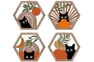 HPNIUB Boho Black Cat Wall Decor, Farmhouse Geometric Hanging Wooden Wall Art, 4 Pieces 11''x9.8'' Mid Century Bohemian Abstr