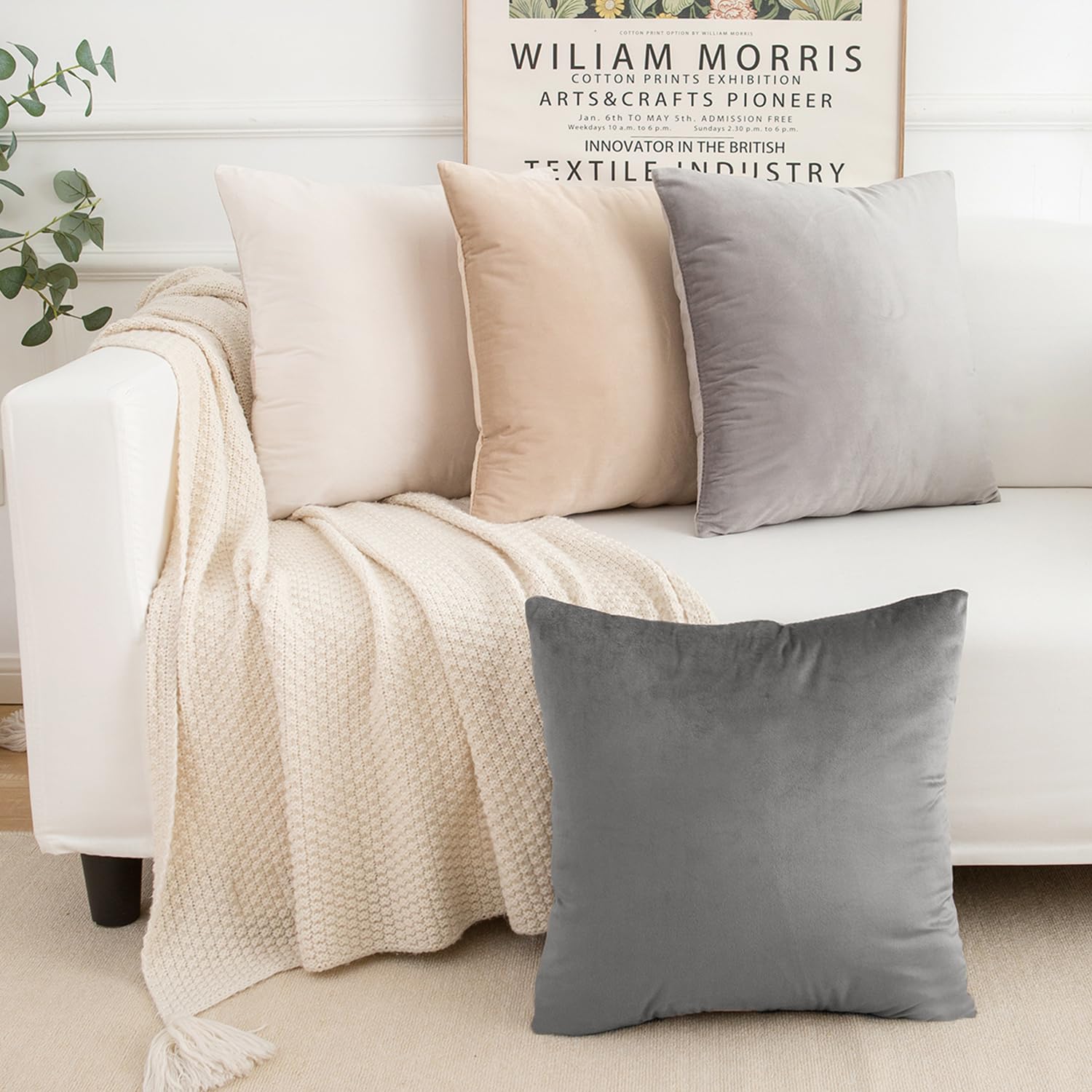 Yonous Gradient Colors Combo Set Cushion Covers, Premium Velvet Soft Square Decorative Throw Pillow for Sofa Bedroom Car, Set of 4, (20''x20'', Neutral)