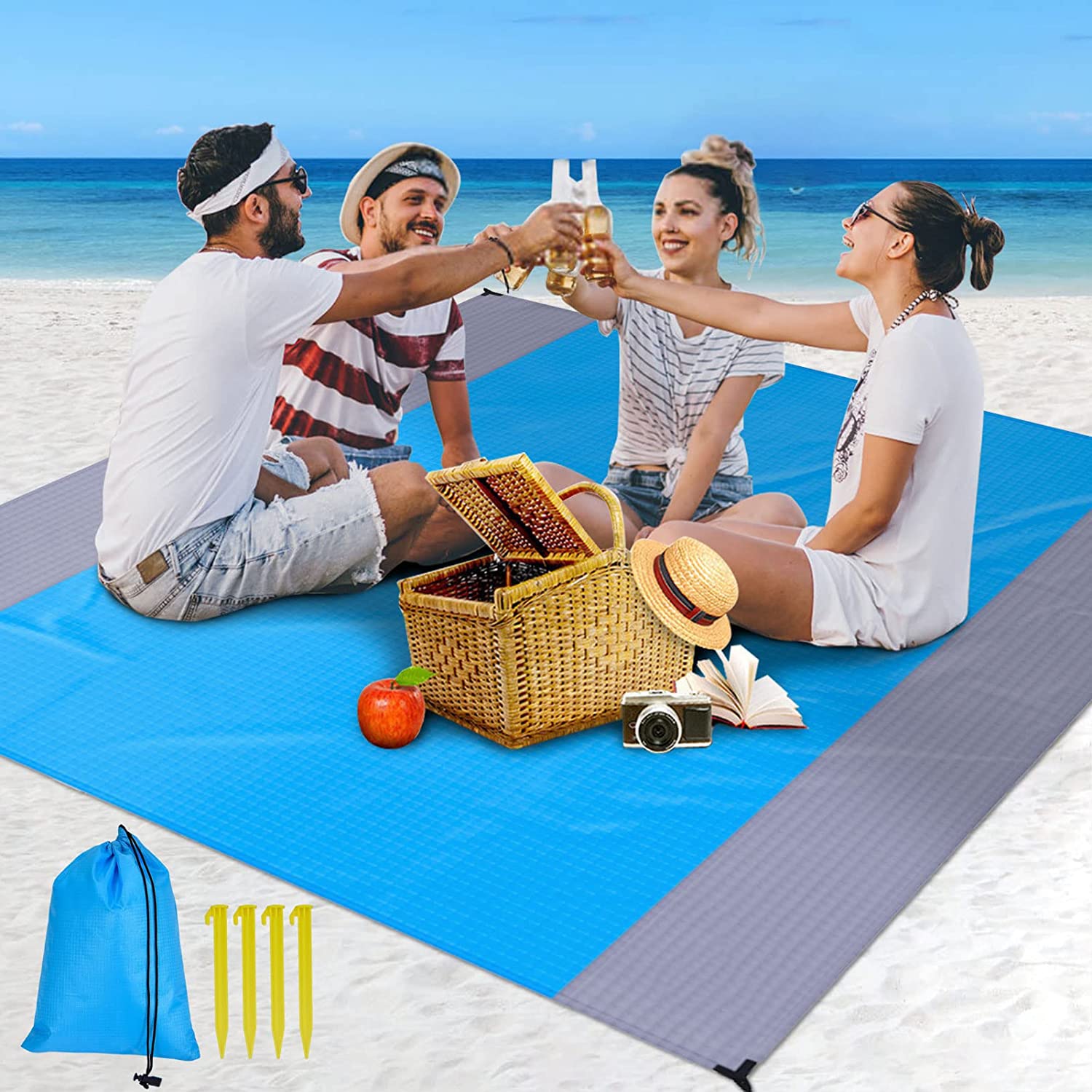 lineno Beach Blanket Sand-Free Picnic Blanket 230 x 200 cm, Beach Mat Ultralight Picnic Blanket Waterproof Blanket with 4 Attachment Corners for Beach Camping, Travel, Outdoor Hiking