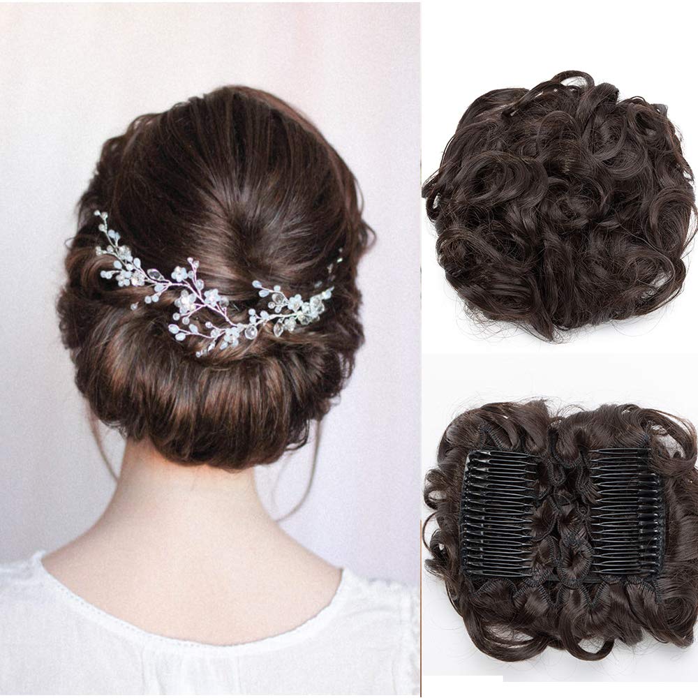 Hair Bun Hair Piece Scrunchy Scrunchie Short Messy Curly Wavy Hair Extensions Updo Hairpieces With Combs Elegant Clip In Chignon [Medium Brown]