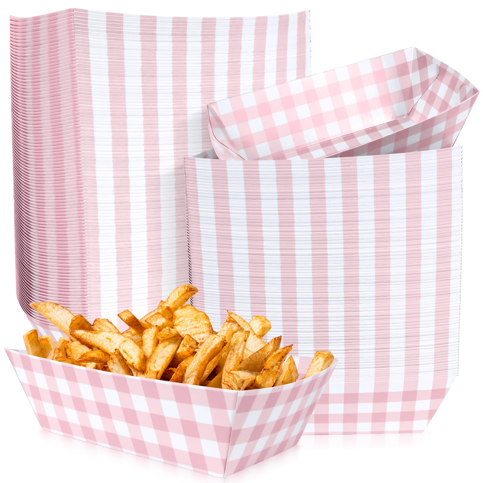 Photo 1 of 100 Pcs Pink Gingham Paper Food Trays, Pre-Folded Light Pink Checkered Disposable Food Boats for Hot Dogs, Fries, Nachos, Snacks, Carnival, Picnic, Baby Shower, Rustic Wedding, BBQ Party Supplies