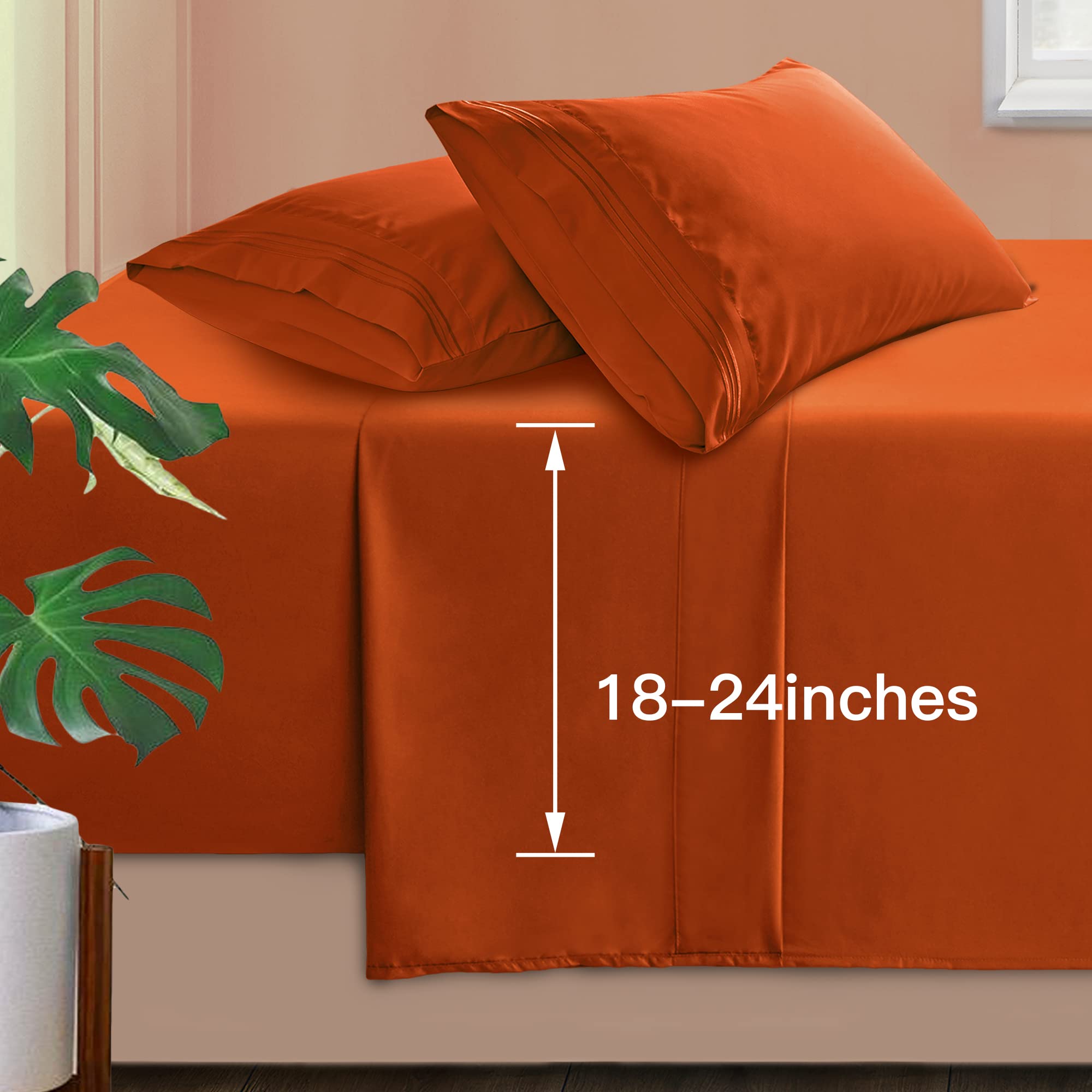Manyshofu Extra Deep Pocket Full Size Sheets Set - Hotel Luxury 1800 Thread Count Sheets & Pillowcases - Kids Bedding Set up to 24" Mattress - Burnt Orange Bed Sheets 18-24 Inch Deep Pockets - 4Pcs