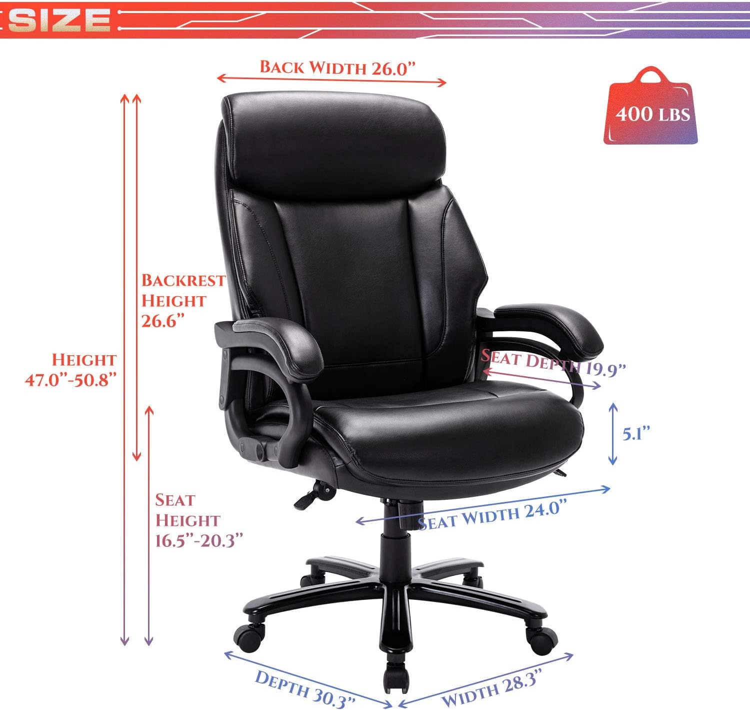 STARSPACE High Back Big & Tall 400lb Bonded Leather Office Chair Large Executive Desk Computer Swivel Chair - Heavy Duty Metal Base, Adjustable Tilt Angle, Ergonomic Design for Lumbar Support: Office Products