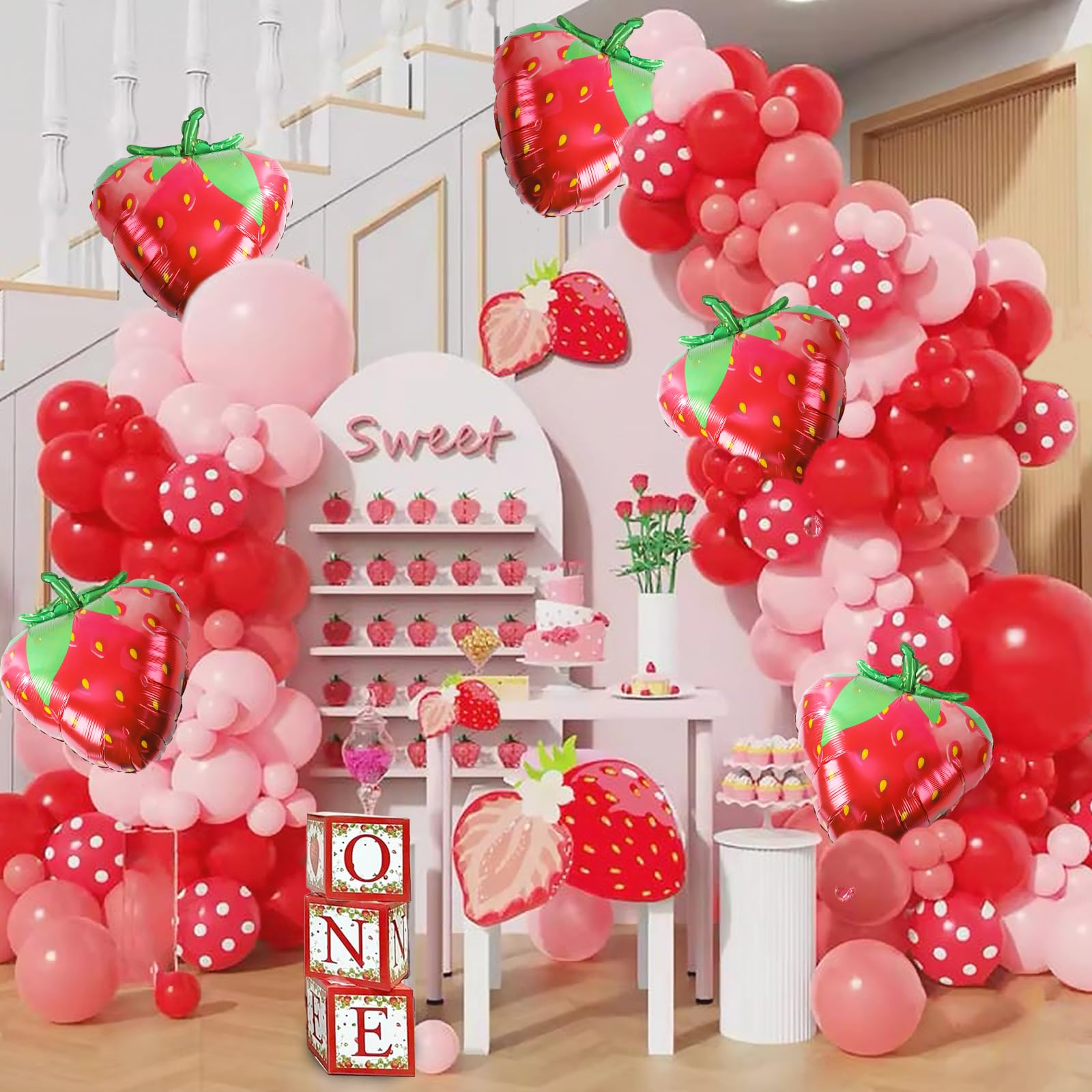 Photo 1 of 154 Pcs Strawberry Shortcake Party Decoration Balloon Garland Arch Kit - 18inch Strawberry Foil Balloons for Berry First Birthday Decor, Baby Showers, Birthday Parties, Bridal Showers