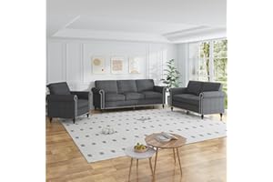 ijuicy 3-Piece Sectional Sofa Set, Modern Linen Upholstered Couch Set with 5" Thicken Cushion & Nailhead Trim, Living Room Furniture Set- Armchair Loveseat and 3 Seat Sofa (Dark Gray)