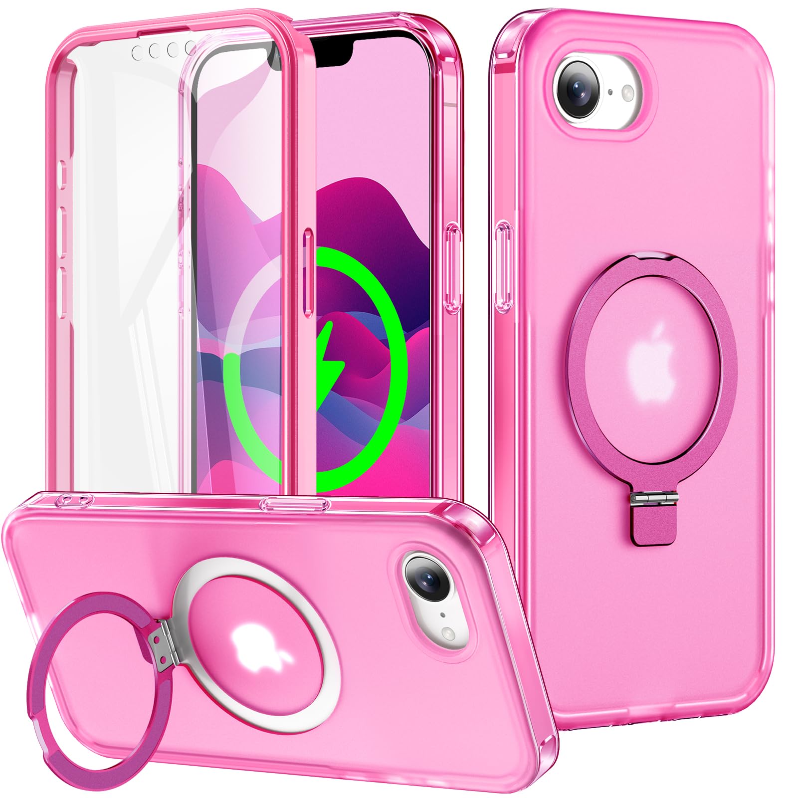 Turquiase for iPhone 17e/16e Full Body Shockproof Case with Magnetic Invisible Stand [Compatible with MagSafe] Built-in Screen Protector Military Drop ProtectionTranslucent Phone Cover -Hot Pink