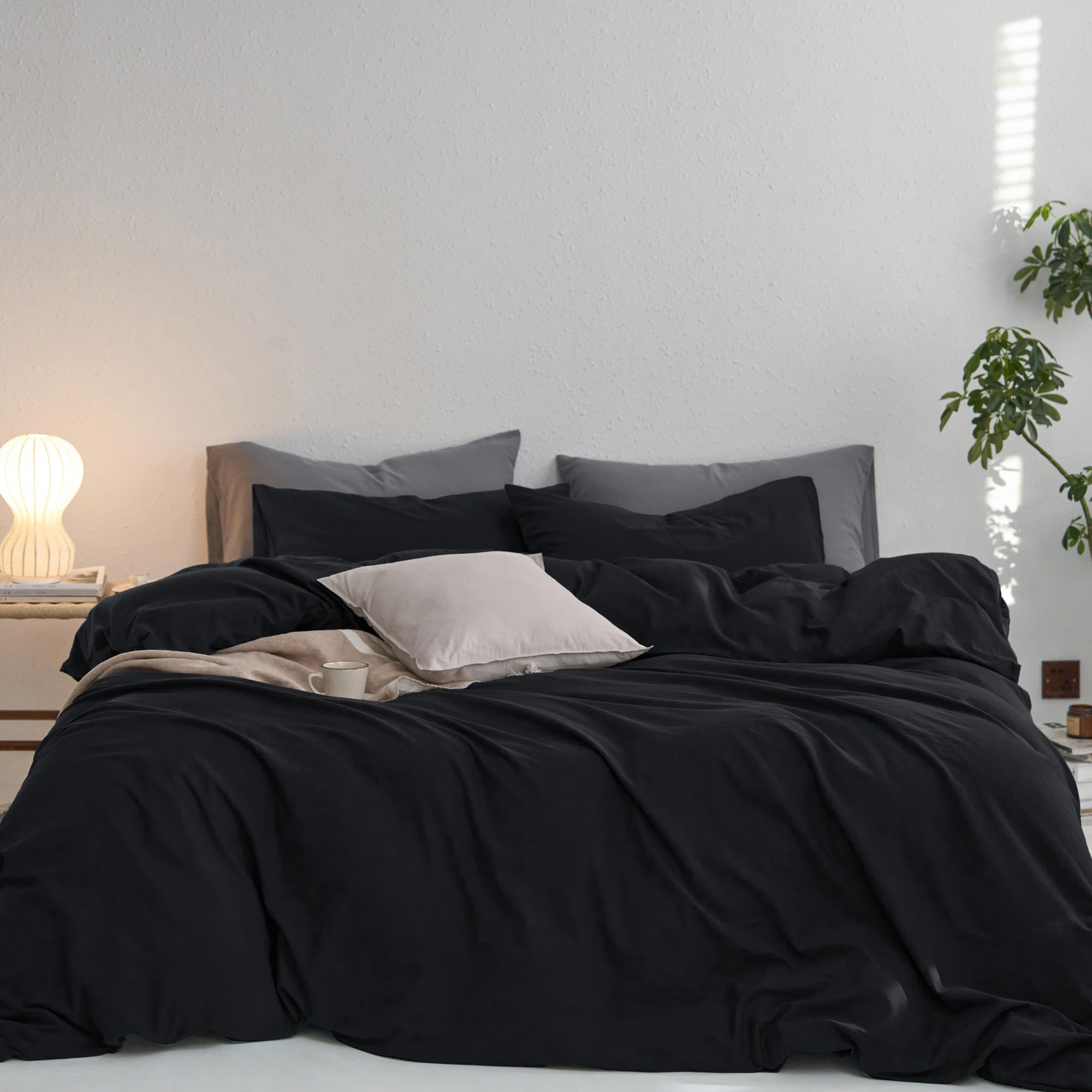 Photo 1 of MooMee King Duvet Cover Set, 100% Washed Cotton Linen Like Twill Thick Sturdy Material Super Soft Breathable Durable Bedding for All Season, 3 Pieces (Black, King 104"x90")