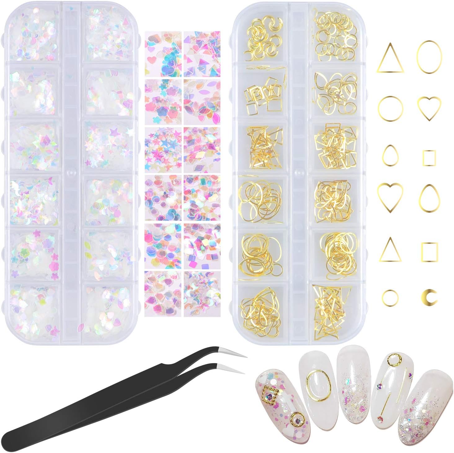 SelfTek Holographic Nail Sequins and Gold Nail Studs 12 Boxs Iridescent Glitter Sticker and 3D Metal Rivets Nail Art Design Make Up DIY Decals Decoration