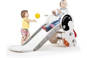 Nyeekoy NEEKOY 4 in 1 Toddler Slide, Indoor Outdoor Toddler Slide Climber Playset with Basketball Hoop and Ring Toss for Kids Age 1-5, Foldable Freestanding Baby Slide Plastic, White