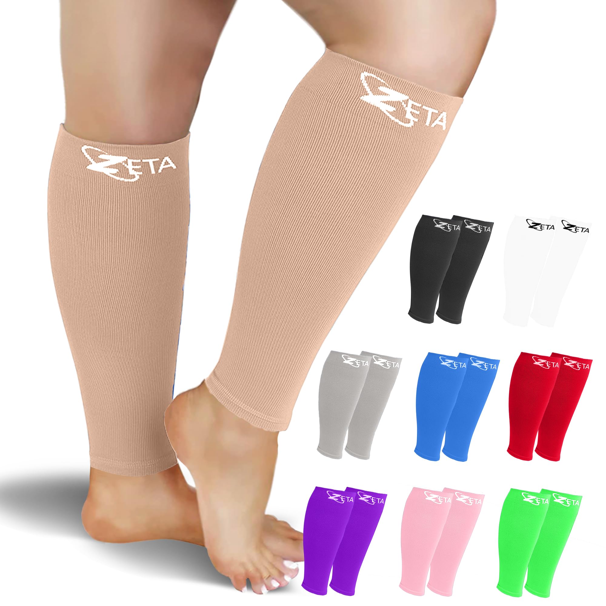 Zeta Wear Calf Compression Sleeve Men & Women, Plus Size Wide Shin Splints Support and Calf Support Sleeves, Compression Leg Socks for Running Sports, Flight, Hiking, Cycling