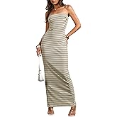 Milumia Women's Striped Tube Maxi Dress Ribbed Knit Strapless Split Backless Wedding Patrty Club Bodycon Long Dresses