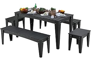 Erinnyees HDPE 5 Piece Patio Dining Set, Outdoor Table Bench Furniture Set with 1 Rectangle Dining Table, 2 Double Benches, and 2 Single Stools, for Backyard, Porch, Lawn, and Garden