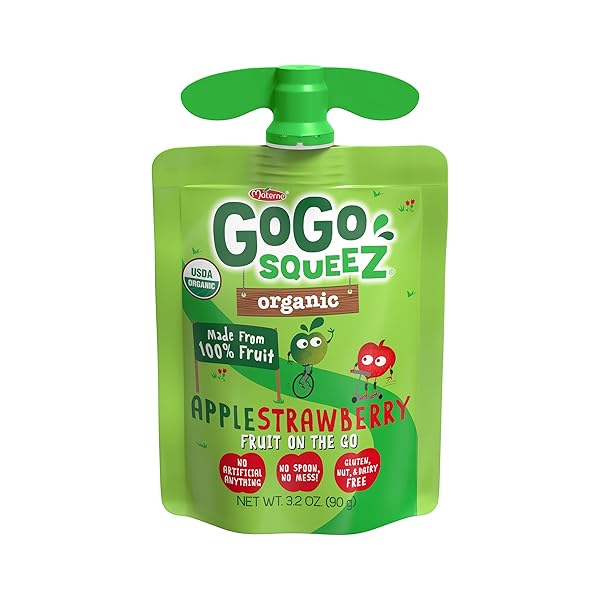 GOGO SQUEEZ ORGANIC APPLESAUCE, APPLE STRAWBERRY, 3.2 OUNCE (4 POUCHES), GLUTEN FREE, VEGAN FRIENDLY, UNSWEETENED APPLESAUCE, RECLOSEABLE, BPA FREE POUCHES